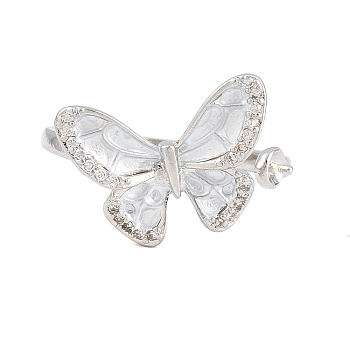 Butterfly Brass Micro Pave Cubic Zirconia & Enamel Cuff Ring Settings, for Half Drilled Beads, Long-Lasting Plated, Lead Free & Cadmium Free, Platinum, Inner Diameter: 15.5mm, Tray: 2.5mm, Pin: 0.9mm