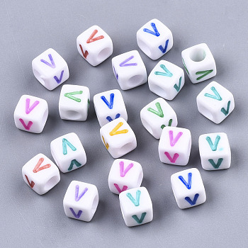 Opaque White Acrylic Beads, with Enamel, Horizontal Hole, Cube with Mixed Color Letter, Letter.V, 6x6x6mm, Hole: 3mm, about 2900pcs/500g