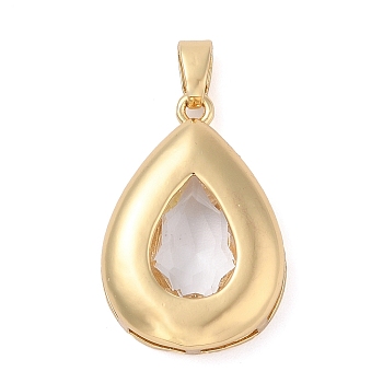 Rack Plating Brass Pendants, Teardrop Shaped Glass Charms, Long-Lasting Plated, Cadmium Free & Lead Free, Real 18K Gold Plated, Clear, 26x18x5.5mm, Hole: 3x5.5mm