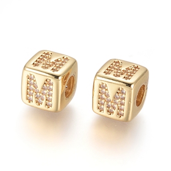 Brass Micro Pave Cubic Zirconia European Beads, Horizontal Hole, Large Hole Beads, Long-Lasting Plated, Cube with Letter, Golden, Clear, Letter.M, 9x9x9.5mm, Hole: 4.5mm