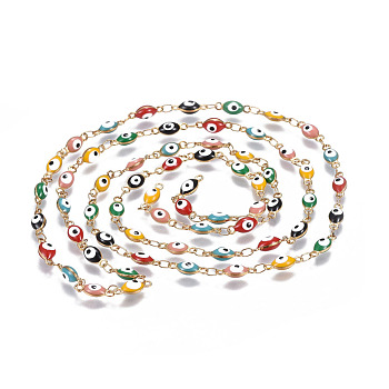 304 Stainless Steel Enamel Chains, Soldered, Oval with Evil Eye, Colorful, Golden, 11x4x3mm