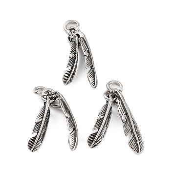 316 Surgical Stainless Steel Pendants, with Jump Rings, Feather Charm, Antique Silver, 21x5x2mm, Hole: 3mm