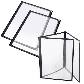 PVC Menu Cover Holders, Triple Fold 6 View Menu Sleeve, Fits A4 Size Paper, with Imitation Leather Edge, for Bar Cafe Restaurant, Clear & Black, 315x240x7mm