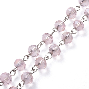 Handmade Electroplate Glass Beaded Chains, with Platinum Plated Iron Eye Pin, Unwelded, Pink, 39.37 inch(100cm), Beads: 8x6mm