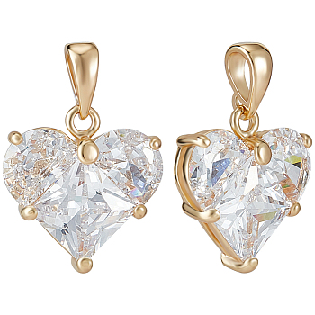 4Pcs Brass Cubic Zirconia Charms, Nickel Free, Real 18K Gold Plated, Heart, Real 18K Gold Plated, 15x14x4.5mm, Hole: 3x4mm