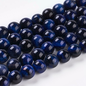 Natural Blue Tiger Eye Beads Strands, Dyed & Heated, Round, Midnight Blue, 6mm, Hole: 1mm, about 32pcs/strand, 7.8 inch