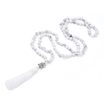 Tassel Pendant Necklaces, with Natural Howlite Beads, Buddha Head, 31.1 inch~33 inch(79~84cm)