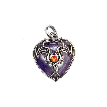 Natural Amethyst Pendants, Heart Charms with Antique Silver Plated Metal Dragon, 37x32x9mm