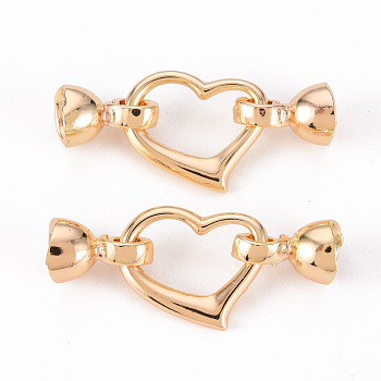 Brass Fold Over Clasps, Heart, Real 18K Gold Plated, 34.5mm, Heart: 14x18x2.5mm, Clasps: 12x8x7.5mm