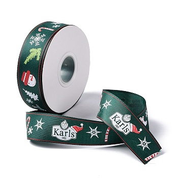 25 Yards Christmas Theme Printed Polyester Grosgrain Ribbon, for DIY Jewelry Making, Flat, Dark Green, 1- inch(25.5mm)