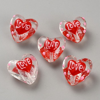 Transparent Glass Beads, Heart with LOVE, Red, 19x18.5x13mm, Hole: 1.8mm