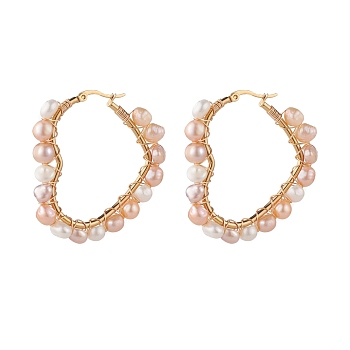 Natural Pearl Wire Wrapped Heart Big Hoop Earrings for Women, Golden, Seashell Color, 46x44.5x6.5mm, Pin: 0.7mm