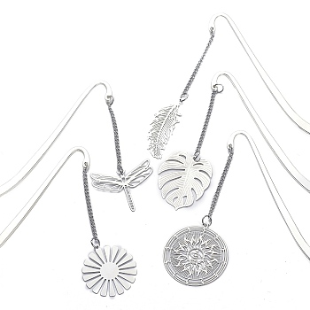 Alloy Hook Bookmarks, Filigree Pendant Bookmarks with Chain, Leaf/Dragonfly/Sun, Platinum & Stainless Steel Color, 84mm