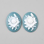 Resin Cabochons, Oval with Flower, Cadet Blue, 38.5x29x7.5mm(CRES-WH0018-02C)