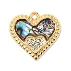 Natural Paua Shell Pendants, Heart Charms with 304 Stainless Steel Crystal Rhinestone Settings, Ion Plating(IP), Real 18K Gold Plated, 18x18x2~3mm, Hole: 1.4mm(STAS-P431-30G-01)
