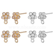 4 Pairs 2 Colors Rack Plating Brass Micro Pave Cubic Zirconia Stud Earring Findings, with 925 Sterling Silver Plating Pins and Horizontal Loops, Flower, Cadmium Free & Lead Free, Platinum & Golden, 8x6.5mm, Hole: 1mm, Pin: 0.7mm, 2 Pairs/color(KK-SZ0006-49)