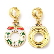 Real 18K Gold Plated Christmas Theme Brass Micro Pave Cubic Zirconia Pendents, with Enamel, Lead Free & Cadmium Free, Christmas Wreath, White, 28mm, Pendent: 19x14x3mm, Hole: 5mm(KK-M247-31G)