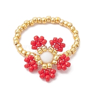 Round Seed Beads with Gemstone Beads Rings, Flower, Red, Inner Diameter: 27mm(RJEW-MZ00015-05)