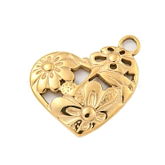 304 Stainless Steel Pendants, Heart with Flower & Dragonfly Charms, Real 14K Gold Plated, 20x25x2.5mm, Hole: 3mm(STAS-L080-022G)