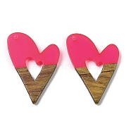 Resin and Walnut Pendants, Heart, Hot Pink, 37x25.5x3mm, Hole: 1.8mm(WOOD-I013-08C)