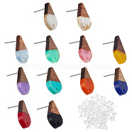 12 Pairs 12 Colors Transparent & Opaque Resin & Walnut Wood Stud Earring, with 304 Stainless Steel Pin, Two Tone, with 50pcs Plastic Ear Nuts, Teardrop, Mixed Color, 17.5x11mm, Hole: 1.8mm, Pin: 0.7mm, 1Pair/color(RESI-FH0001-42)