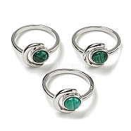 Natural Malachite Adjustable Rings, with Platinum Brass Findings, Long-Lasting Plated, Jewely for Women, Moon with Round, US Size 8(18.1mm).(RJEW-K269-09P-07)
