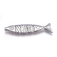 Alloy Fish Beads, Worry Fish Beads, Cadmium Free & Nickel Free & Lead Free, Antique Silver, 72x17x5mm, Hole: 2mm(PALLOY-A13083-AS-NR)