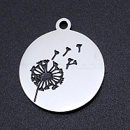 201 Stainless Steel Etched Pendants, Flat Round with Dandelion, Stainless Steel Color, 22x19x1.5mm, Hole: 1.8mm(STAS-N090-JN798)