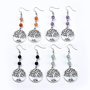Tibetan Style Alloy Dangle Earrings, with Natural Gemstone Beads and Iron Earring Hooks, Flat Round with Tree of Life, 71.5mm, Pin: 0.6mm(EJEW-JE03299)