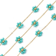 Flower Glass Beaded Chains, Unwelded, with 304 Stainless Steel Link Chains, Golden, Dark Turquoise, 2~9.5x1.5~10.5x0.3~3.5mm(CHS-P016-40G-02)