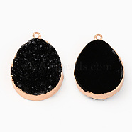 Druzy Resin Pendants, with Edge Light Gold Plated Iron Loops, Teardrop, Black, 33x24.5x9mm, Hole: 1.8mm(RESI-R428-003A)