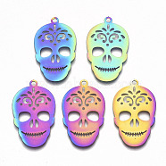 Ion Plating(IP) 201 Stainless Steel Pendants, Etched Metal Embellishments, Sugar Skull, For Mexico Holiday Day of The Dead, Rainbow Color, 34x20.5x0.3mm, Hole: 2mm(STAS-R114-018)