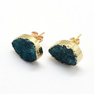 Natural Druzy Quartz Stud Earrings, with Brass Findings, teardrop, Prussian Blue, 16~18x12~13x5~8mm, Pin: 0.5mm(EJEW-P164-B02)