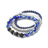 Evil Eye Handmade Lampwork Stretch Bracelets Set, Oil Diffuser Natural Lava Rock & Natural Lapis Lazuli Bracelets, Inner Diameter: 2~ 2-1/8inch(5.2~5.4cm), 4pcs/set(BJEW-JB06790)