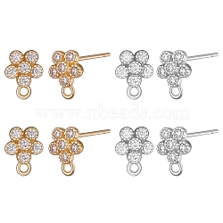 4 Pairs 2 Colors Rack Plating Brass Micro Pave Cubic Zirconia Stud Earring Findings, with 925 Sterling Silver Plating Pins and Horizontal Loops, Flower, Cadmium Free & Lead Free, Platinum & Golden, 8x6.5mm, Hole: 1mm, Pin: 0.7mm, 2 Pairs/color(KK-SZ0006-49)