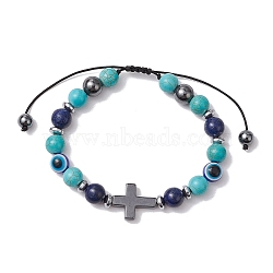 Synthetic Turquoise Braided Bead Bracelets for Women Men, with Evil Eye Beads, Cross, Inner Diameter: 1-7/8~3-3/8 inch(4.7~8.5cm)(BJEW-JB11138-03)