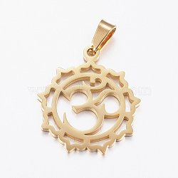 Ion Plating(IP) 304 Stainless Steel Yoga Pendants, Flower with Om Symbol, Golden, 28x24x1.2mm, Hole: 3.5x7mm(STAS-I074-04G)