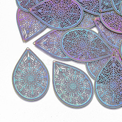 Ion Plating(IP) 304 Stainless Steel Filigree Pendants, for DIY Jewelry Making, Etched Metal Embellishments, Teardrop, Rainbow Color, 48.5x32x0.3mm, Hole: 1mm(STAS-S108-54)