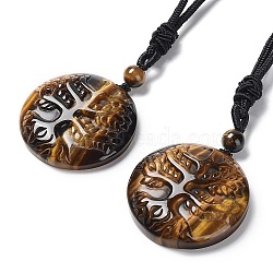 Natural Tiger Eye Tree of Life Pendant Necklace with Nylon Rope, 34.80~35.43 inch(88.4~90cm)(NJEW-H009-03-07)