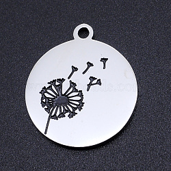 Non-Tarnish 201 Stainless Steel Etched Pendants, Flat Round with Dandelion, Stainless Steel Color, 22x19x1.5mm, Hole: 1.8mm(STAS-N090-JN798)