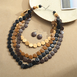 Flat Round Wood Beaded Multilayer Necklaces & Dangle Earrings Sets, Coconut Brown, 580mm(WG6D4EB-02)