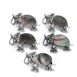 Elephant Alloy Rhinestone Brooch, Natural Black Lip Shell Lapel Pin with Loop for Backpack Clothes Pendant Jewelry, Cadmium Free & Lead Free, Antique Silver, Gray, 29x46x14mm, Hole: 7x4mm, Pin: 0.7mm(PALLOY-N166-001-A03-RS)