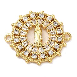 Religion Brass Pave Clear Cubic Zirconia Connector Charms, Virgin Mary Links, Real 16K Gold Plated, Flat Round, 20.5x23x3mm, Hole: 1.5mm(FIND-Z041-13B)
