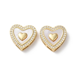 Brass Micro Pave Clear Cubic Zirconia Heart Multi-Strand Links, with Shell, Real 18K Gold Plated, 14.5x15x4.5mm, Hole: 3.5x6x1mm(KK-B083-14G)