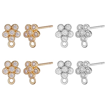 4 Pairs 2 Colors Rack Plating Brass Micro Pave Cubic Zirconia Stud Earring Findings, with 925 Sterling Silver Plating Pins and Horizontal Loops, Flower, Cadmium Free & Lead Free, Platinum & Golden, 8x6.5mm, Hole: 1mm, Pin: 0.7mm, 2 Pairs/color