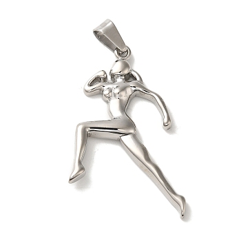 Hip Hop Fitness 316L Surgical Stainless Steel Pendants, Runner Charm, Stainless Steel Color, 47x29x4.5mm, Hole: 8.5x5mm