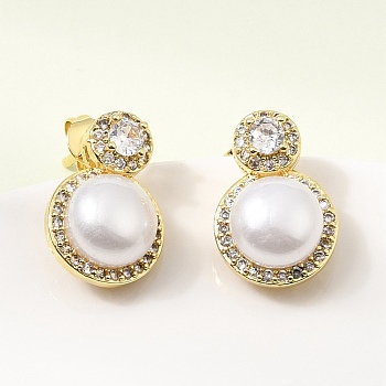 Brass Micro Pave Cubic Zirconia Stud Earrings, Round, with ABS Plastic Pearl, Cadmium Free & Lead Free, Rack Plating, Long-Lasting Plated, Golden, 15.5x10.5mm