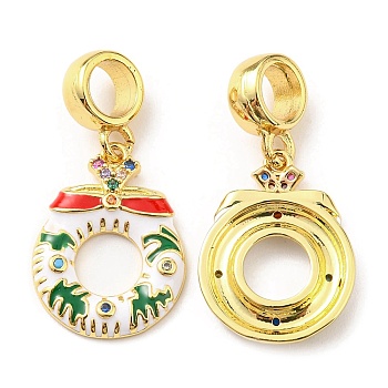 Real 18K Gold Plated Christmas Theme Brass Micro Pave Cubic Zirconia Pendents, with Enamel, Lead Free & Cadmium Free, Christmas Wreath, White, 28mm, Pendent: 19x14x3mm, Hole: 5mm