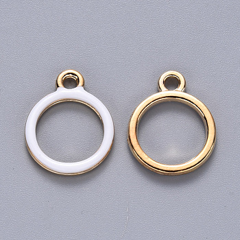 Alloy Enamel Pendants, Round Ring, Light Gold, White, 16x13x2mm, Hole: 1.8mm