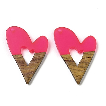 Resin and Walnut Pendants, Heart, Hot Pink, 37x25.5x3mm, Hole: 1.8mm